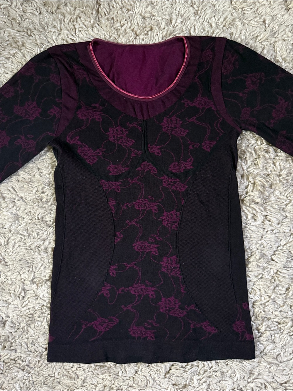 Y2K Seamless Knit Floral Jacquard Plum & Black Long Sleeve Top
